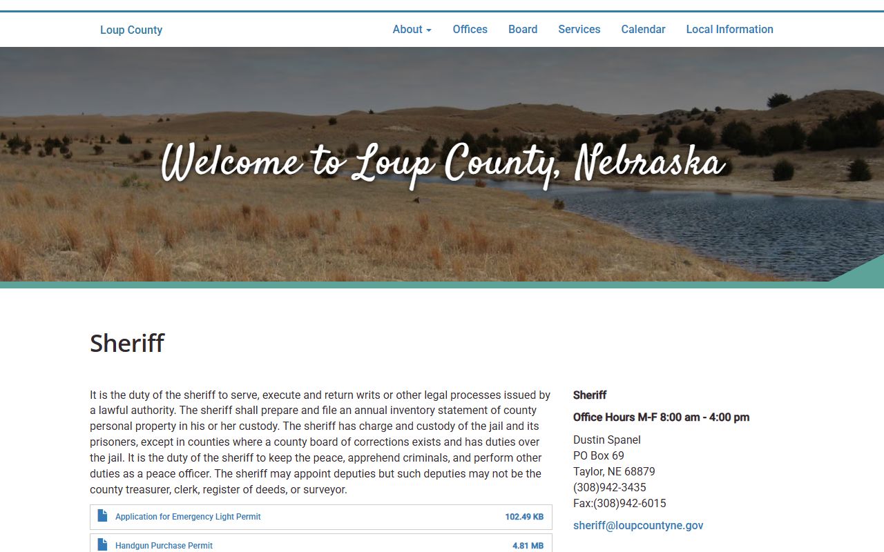 Loup County Sheriff contact page for inmate population search