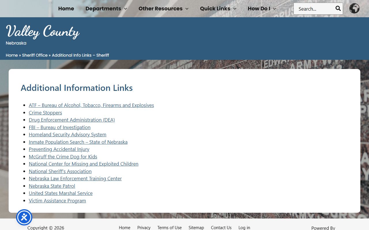 Valley County Jail inmate search links for Loup County custody records